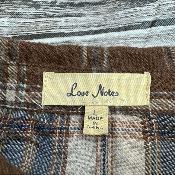Love Notes Women's Cropped Mixed Patchwork Flannel Shirt L LG Large Brown Grey - Picture 9 of 13
